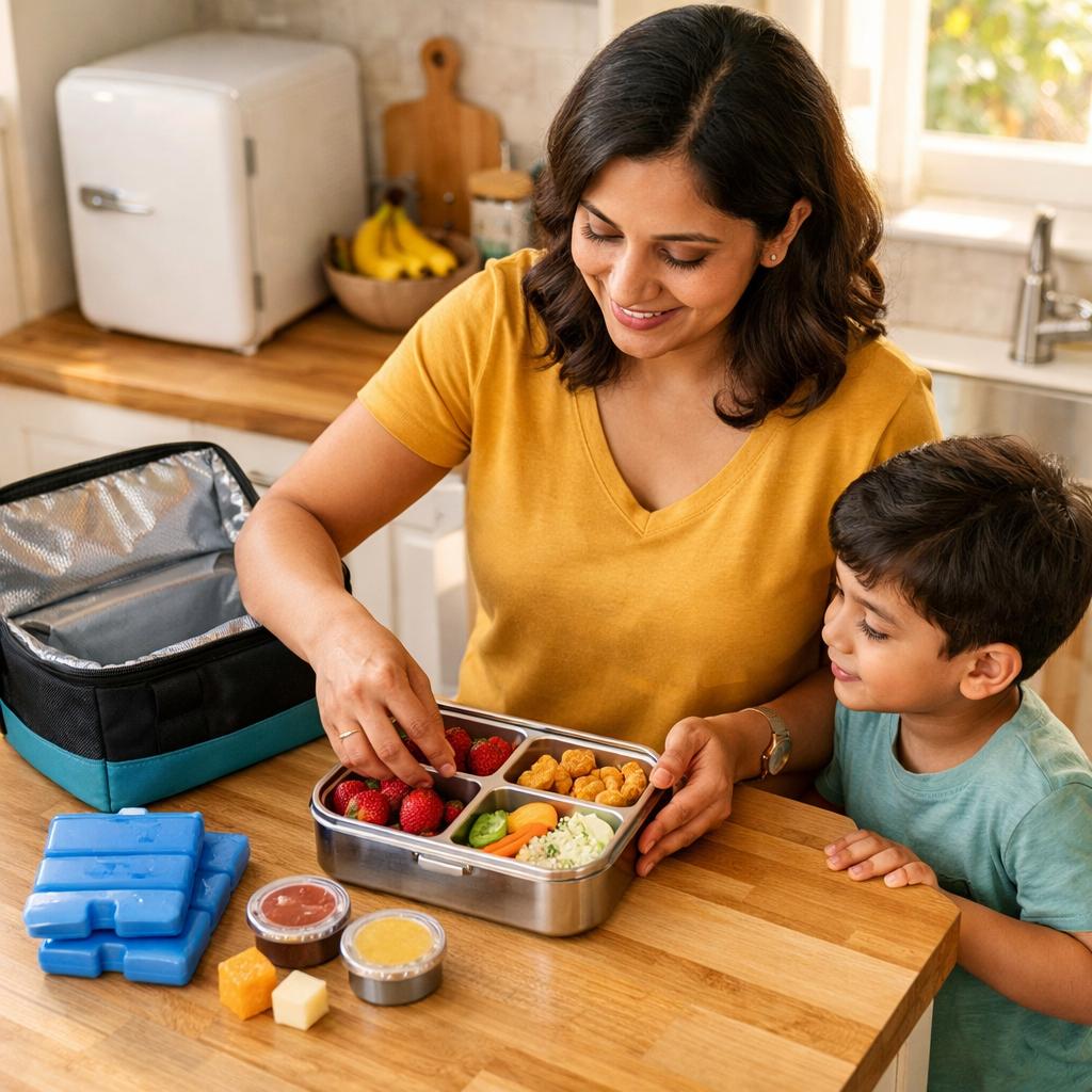 Mother packing a healthy school lunchbox with her son
